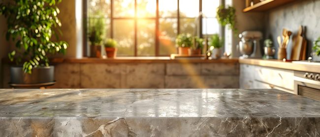 A 3D rendering of a marble countertop on a blurry background with appliances and utensils in front of a window with green plants. kitchen remodel melbourne fl