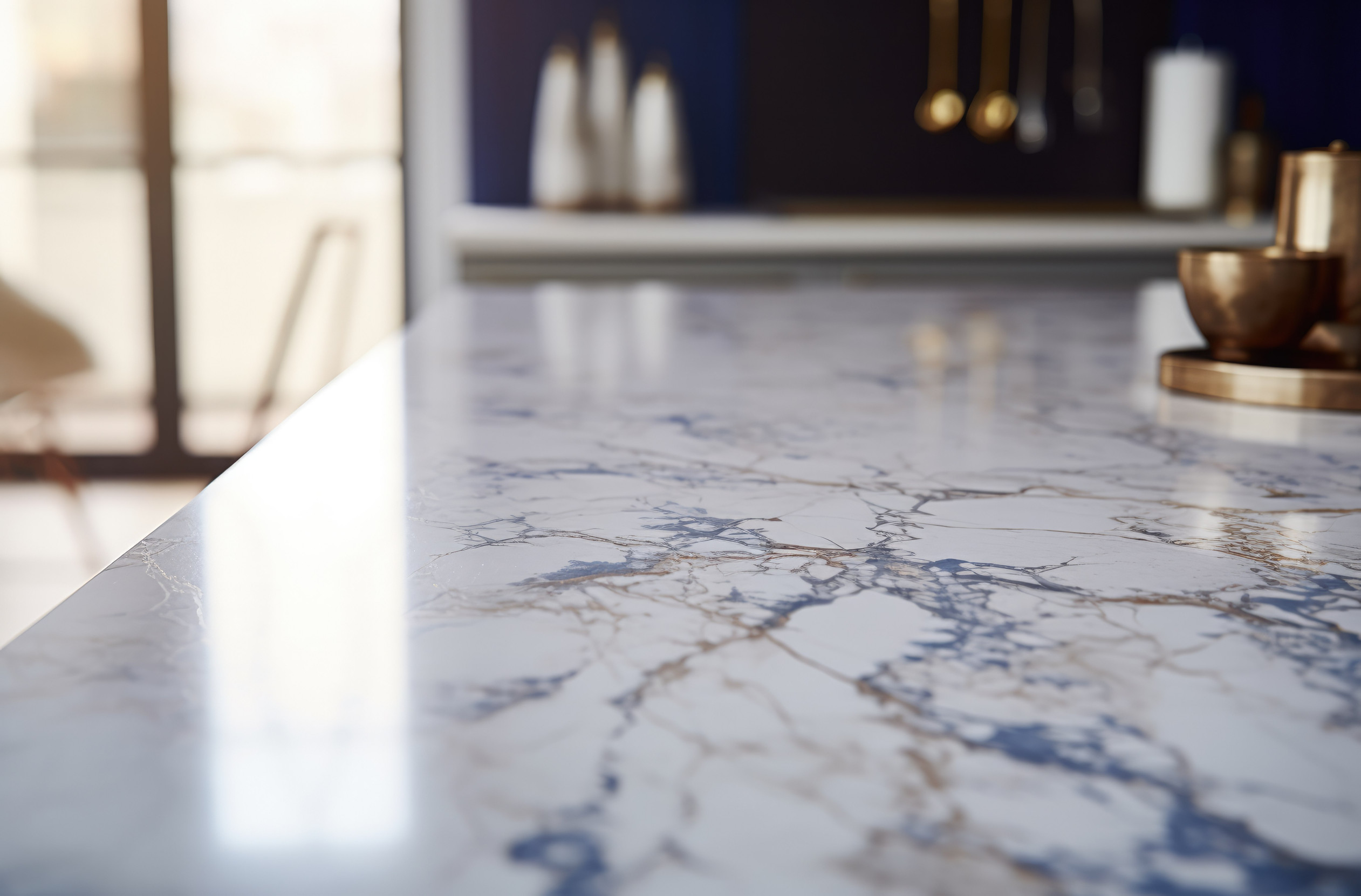 Marble empty table top in modern kitchen, kitchen panel in interior. Scene showcase, banner Table with blurred background, kitchen counter with copy space
