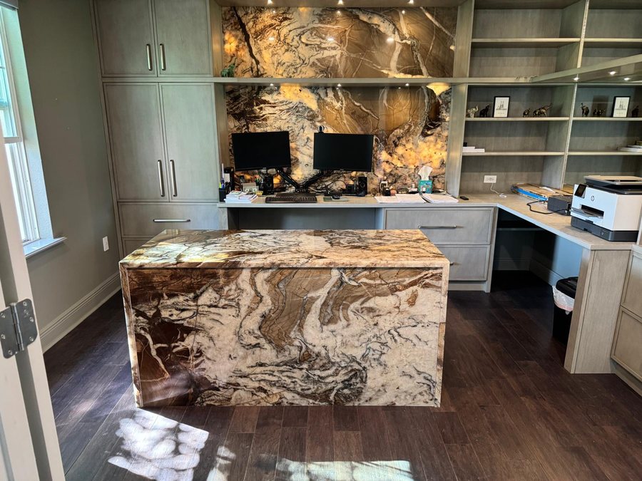 custom quartzite office desk with backlit stone panel melbourne fl